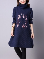 Women Ethnic Embroidery Thickened High Colllar Long Sleeve Dress