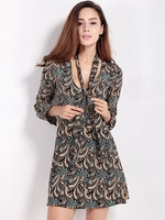 Women Ethnic Floral print A-line V-neck 3/4 Sleeve Mini Dress