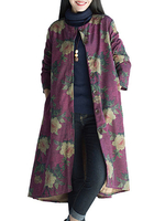 Women Ethnic Long Sleeve Floral Printed Thicken Woolen Coat