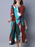 Women Ethnic Long Sleeve Plate Buckles Floral Printed Dresses