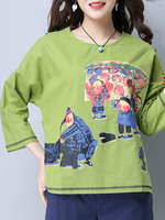 Women Ethnic Printed 3/4 Sleeve Irregular Hem T-shirts