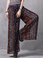 Women Ethnic Printed Elastic Waist Chiffon Wide Leg Pants