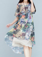 Women Ethnic Printed Fake Two Pieces Vintage Dresses