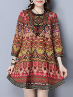 Women Ethnic Printed Nine Point Sleeve Vintage Spring Mini Dresses
