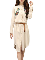 Women Ethnic Style Embroidery Button Belt Stand Collar Dress