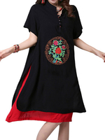 Women Ethnic Style Frog Embroidery Fake Two-piece Dress