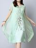 Women Fake Two Pieces Embroidered Vintage Short Sleeve Dresses