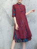 Women Fake Two Pieces Printed Half Sleeve Plate Buckle Vintage Dresses