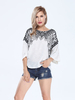Women Flare Sleeve O-neck Tassels Flocking Geometric Casual T-shirt