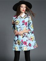 Women Floral Print O-neck Three Quarter Sleeve Coat
