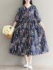 Women Floral Printed 3/4 Sleeve Drawstring Vintage Dresses