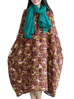 Women Floral Printed Baggy Long Sleeve Loose Vintage Dresses