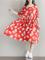Women Floral Printed Buttons Half Sleeve Loose Vintage Dresses
