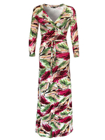 Women Floral Printed Deep V-Neck 3/4 Sleeve Long Maxi Dresses