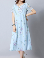 Women Floral Printed Fake Two Pieces Short Sleeve Vintage Dresses