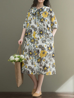 Women Floral Printed Half Sleeve Buttons Lapel Vintage Dresses