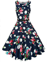 Women Floral Printed Hepburn Style Vintage Sleeveless Dresses