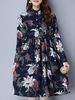 Women Floral Printed High Waist Drawstring Long Sleeve Dresses