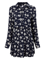 Women Floral Printed Long Sleeve Lapel Pleated Mini Dress