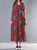 Women Floral Printed Long Sleeve O-Neck Long Maxi Vintage Dresses