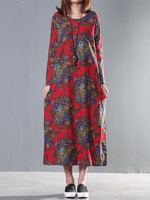 Women Floral Printed Long Sleeve O-Neck Long Maxi Vintage Dresses