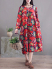 Women Floral Printed Long Sleeve O-Neck Mid-Long Dresses