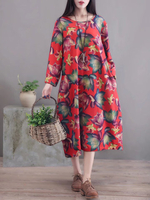 Women Floral Printed Long Sleeve O-Neck Mid-Long Dresses