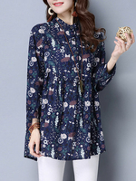 Women Floral Printed Long Sleeve Stand Collar Spring Blouses