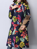 Women Floral Printed Long Sleeve Stand Collar Thicken Trench Coats