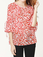 Women Floral Printed O-Neck Slit Ruffle Sleeve Silk Blouses