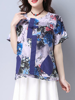 Women Floral Printed Pocket Short Sleeve Vintage T-shirts