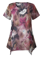 Women Floral Printed Short Sleeve Chiffon Irregular Hem T-shirts