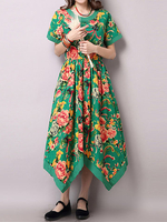 Women Floral Printed Short Sleeve Irregular Hem Vintage Dresses