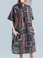 Women Floral Printed Short Sleeve Lapel Vintage Shirt Dresses