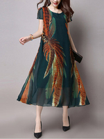 Women Floral Printed Short Sleeve Loose Mid-Long Dresses