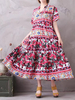 Women Floral Printed Short Sleeve Loose Vintage Long Maxi Dresses