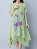 Women Floral Printed Short Sleeve Mid-Long Vintage Dresses
