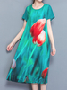 Women Floral Printed Short Sleeve O-Neck Vintage Dresses