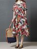 Women Floral Printed Short Sleeve O-Neck Vintage Loose Dresses