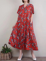 Women Floral Printed Short Sleeve Pocket Long Maxi Dresses