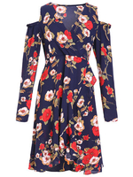 Women Floral Printed V-Neck Long Sleeve Off Shoulder Dresses