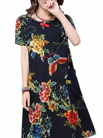 Women Floral Printing Pocket Patchwork Cotton Linen Dress