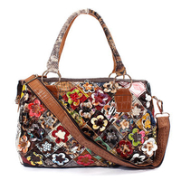 Women Floral Vintage Genuine Leather Handbags Ladies Elegant Casual Shopping Shoulder Bags