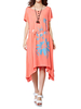 Women Flower Printed Bow Belt High Low Linen Cotton Dress