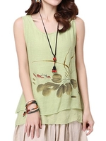 Women Flower Printed Layered Linen Tank Top