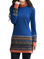 Women Folk Style Printed Long Sleeve Patchwork Turtleneck T-shirts