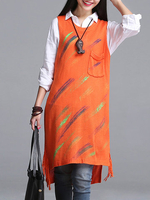 Women Folk Style Sleeveless Pocket Printed Split Long Knit Sweater