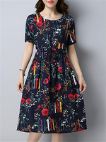 Women Foral O-Neck Short Sleeve Loose Print Dresses