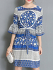 Women Geometric Printed Half Flare Sleeve Elastic Waist Mini Dresses