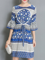 Women Geometric Printed Half Flare Sleeve Elastic Waist Mini Dresses